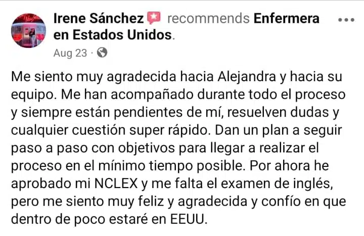 Testimonio de Irene Sánchez, enfermera hispana, que recomienda a la agencia Enfermera en Estados Unidos por su guía paso a paso para aprobar el examen NCLEX y trabajar en USA.