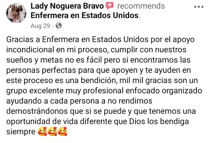 Agradecimiento de la enfermera Lady Noguera Bravo a la agencia Enfermera en Estados Unidos por el apoyo incondicional y por ser un grupo profesional y organizado que ayuda a cumplir las metas.