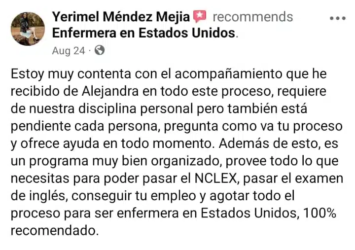 Testimonio de la enfermera Yerimel Méndez Mejia, recomendando a la agencia Enfermera en Estados Unidos por su programa bien organizado que cubre el NCLEX, examen de inglés y la búsqueda de empleo.